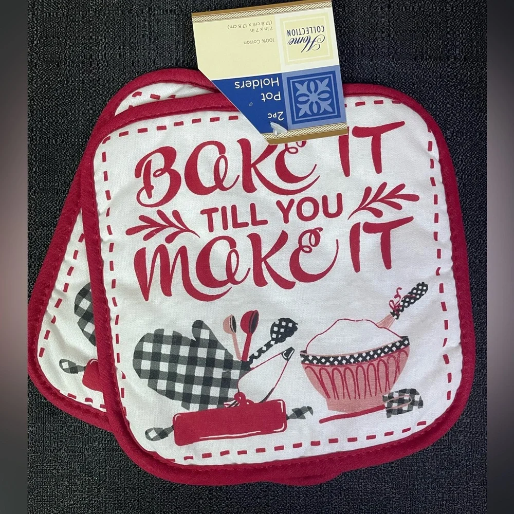 5-Pc Kitchen Set BAKE IT TILL YOU MAKE IT Towels Pot Holders Mitt Red White NWT